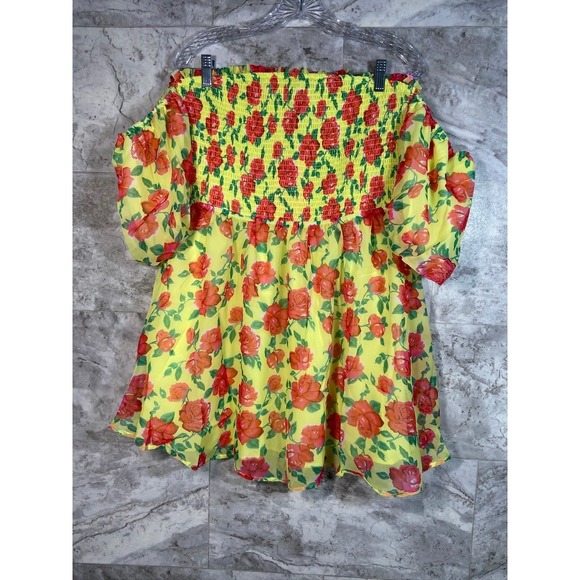Betsey Johnson Dresses & Skirts - Betsey Johnson Yellow Rose Babydoll Dress Off Shoulder Puff Sleeve Sz XL NWT